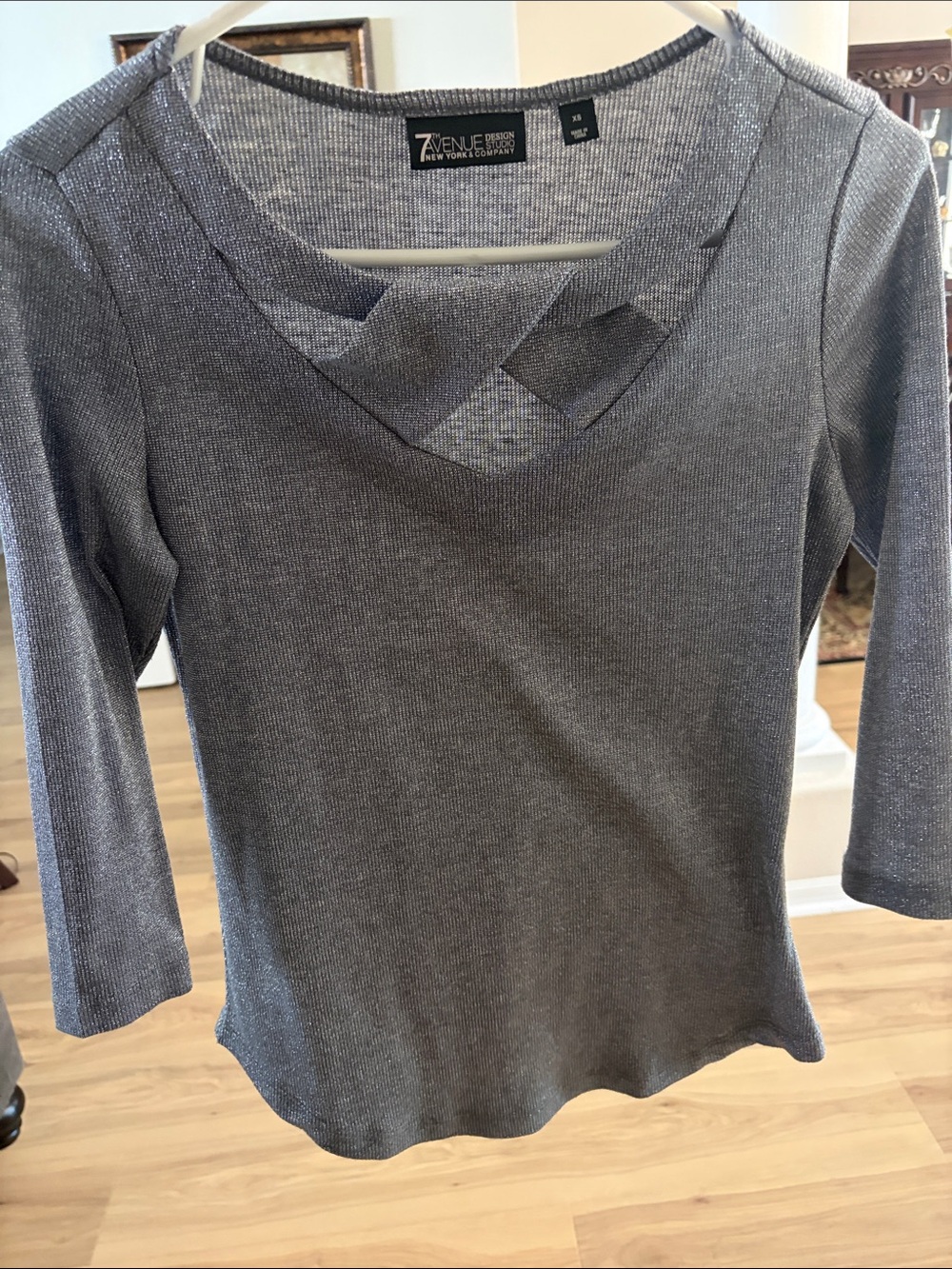 7th Avenue Silver Gray Long Sleeve Knit Top with Crisscross V-Neck